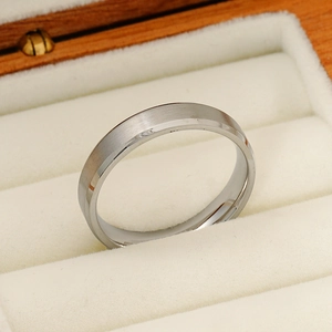 Minimalist silver stainless steel ring with a brushed finish and beveled edges on display
