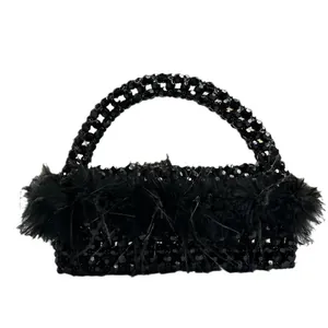 Handmade beaded evening bag with luxury ostrich feathers and black faceted beads