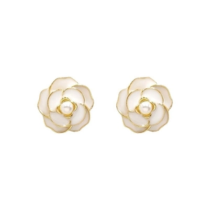 Classic French vintage camellia stud earrings with white enamel and pearl center