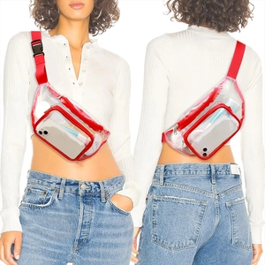 Transparent PVC waterproof waist bag with red straps shown on model from front and back