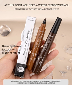 Close-up of four-tip microblade eyebrow pen with waterproof brown tint and packaging