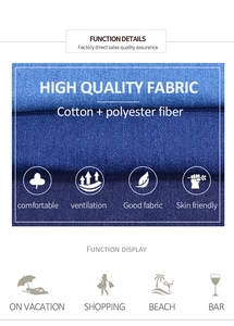 Dettaglio del tessuto denim blu e icone per le proprietà traspiranti e delicate sulla pelle