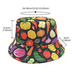 Women's black bucket hat with vegetable prints and 56-58cm size specifications