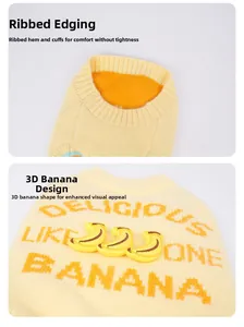 Detailed close-up of pet sweater featuring ribbed knit cuffs and 3D banana decoration