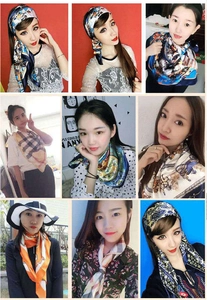 Collage of printed satin square scarves showing diverse patterns and styling ways
