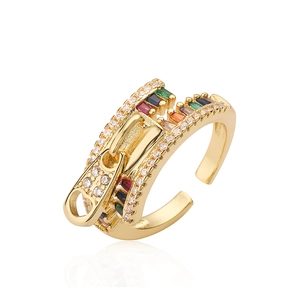 Zipper design 18K gold plated ring with multicolor zircon stones and open band