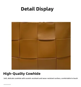 Detailed close-up of premium leather weave and caramel brown texture on tote bag