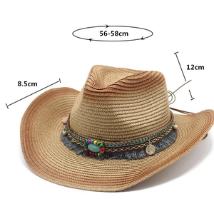 Detail view of straw cowboy hat featuring ethnic beads, turquoise and tassel decorations