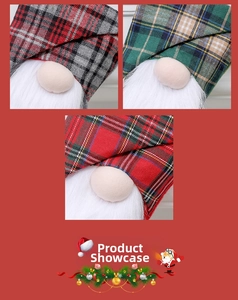Close-up of three Christmas gnome stockings featuring red, green and grey plaid patterns