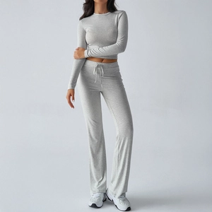Women Long Sleeve Crop Top And Drawstring Wide Leg Pants Viscose Elastane Casual Y2K Loungewear Slim Fit Sporty Outfits