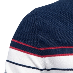 Navy blue and red striped knit sweater for men with detailed stitching and crew neck style