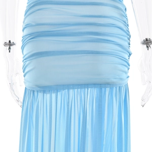 Detailed view of light blue mesh bikini top and matching ruched hip skirt set