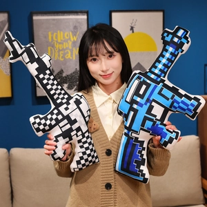 Plush pixelated toy gun pillows in black-white and blue gradient for kids gift