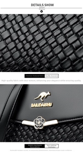 Close-up of woven leather texture with gold kangaroo logo and floral metal buckle