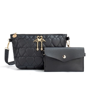 Quilted heart pattern black crossbody bag and coin purse set with gold swan charm