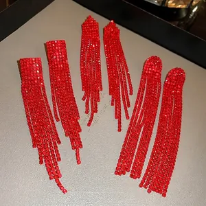 Red Rhinestone Long Tassel Drop Earrings With 925 Sterling Silver Earring Post Copper Geometric Shiny Jewelry Women