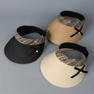 Visières de soleil en paille noire, kaki et beige avec nœud élégant et perle