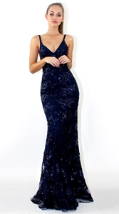 Detail showing deep blue sequin embroidery on mermaid dress with fine straps