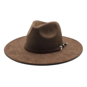Dark brown wide brim felt fedora hat with a premium leather buckle band for women