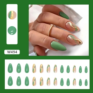 Green almond-shaped press-on nails featuring gold ripple designs and a glossy finish.