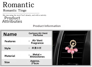 Detailed view of dancing girl car air vent perfume clip with pink petals and rhinestones