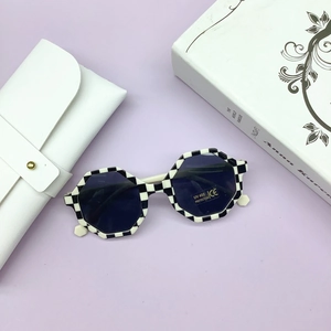 Octagon checkerboard kids sunglasses with UV400 protection and white leather case