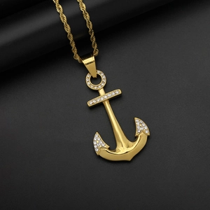 Hip hop gold stainless steel anchor pendant necklace with sparkling crystal rhinestones