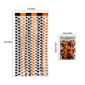 Halloween party fringe curtain with black and orange bats, 1m x 2m tinsel background