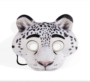 Detailed view of a soft plush snow leopard mask with realistic spots and elastic strap