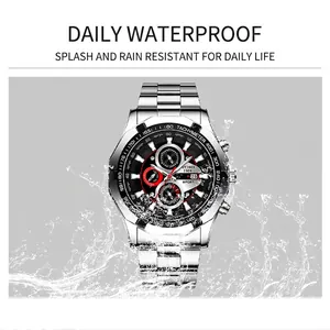 Men's business steel watch with black chronograph dial and luminous waterproof design