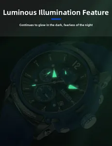Aiguilles et index lumineux verts sur chronographe bleu dans un environnement sombre