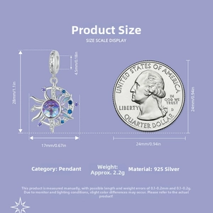 Detailansicht des S925 Sterling Silber Sonne Mond Anhängers mit Maßen und Münzreferenz