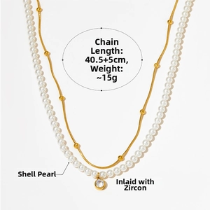 Collier double couche doré avec perles de nacre et pendentif zircon, 40,5+5cm