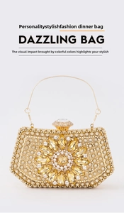 Detail of sunflower pattern made of yellow marquise gems on golden rhinestone evening bag