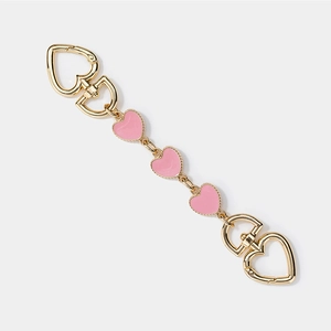Golden pearl bag extender chain featuring pink enamel hearts and spring ring clasps