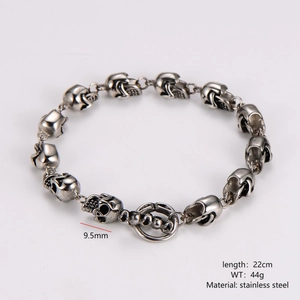 Men's retro stainless steel skull link bracelet with 22cm length and 9.5mm width details