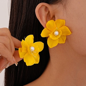 Handmade yellow woven lace flower earrings with white pearl center for women