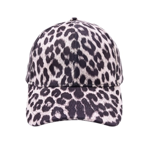 Detailed front view of a classic leopard print baseball cap with curved brim and texture