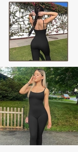 Detail of black ribbed sleeveless yoga jumpsuit showing front and back outdoor views