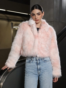 Veste En Fausse Fourrure Pour Femmes Rose Courte Col Montant Fermeture Éclair Décontracté Automne Hiver Peluche