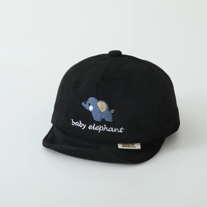 Detail of embroidered baby elephant and text on soft black suede baby baseball cap