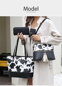 Detailed four-piece set of cow print tote, crossbody bag, wallet, and card holder