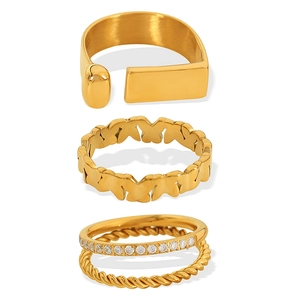 Three-piece gold plated stainless steel ring set with butterfly and rhinestone patterns