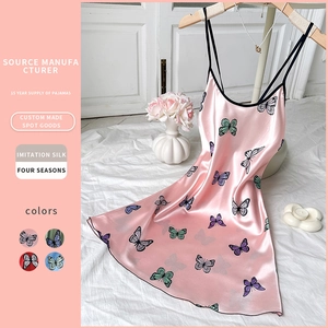 Women Butterfly Print Nightgown Imitation Satin Spaghetti Strap Backless Sleepwear Breathable Summer Loungewear