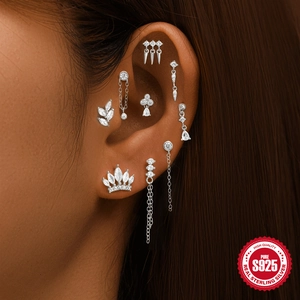 Ensemble de boucles d'oreilles en argent S925 avec pendentifs couronne et feuille