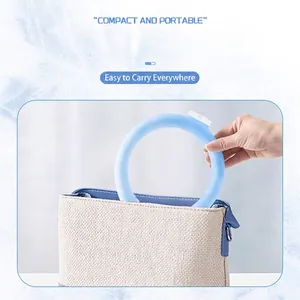 Blue PCM cooling neck ring showing compact and portable design in a beige shoulder bag