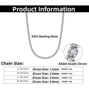 Tableau des tailles détaillé pour collier tennis en argent S925 et zircons de 4mm
