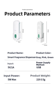 Detailed specifications for USB smart fragrance sprayer showing size and power parameters