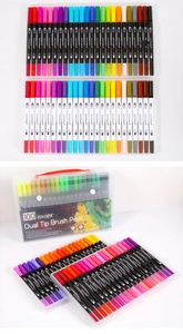 Dual tip markers set with 100 colors in a transparent portable storage box for drawing