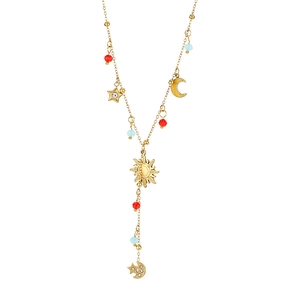 Golden stainless steel Y-necklace featuring moon, star, sun pendants and color beads